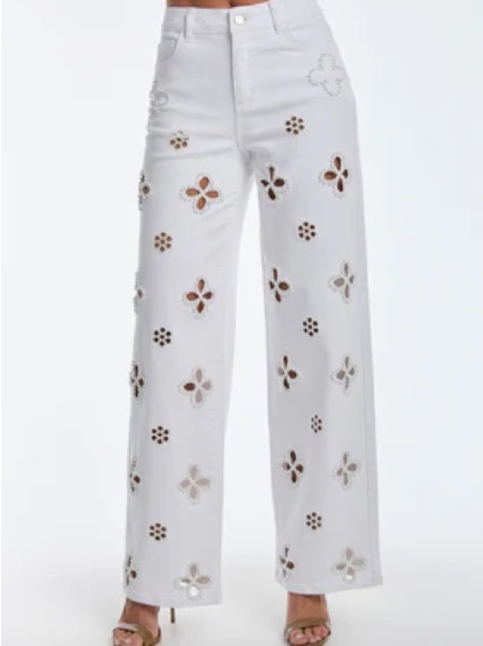 Noli White Wide Leg Jeans with Floral Cutouts